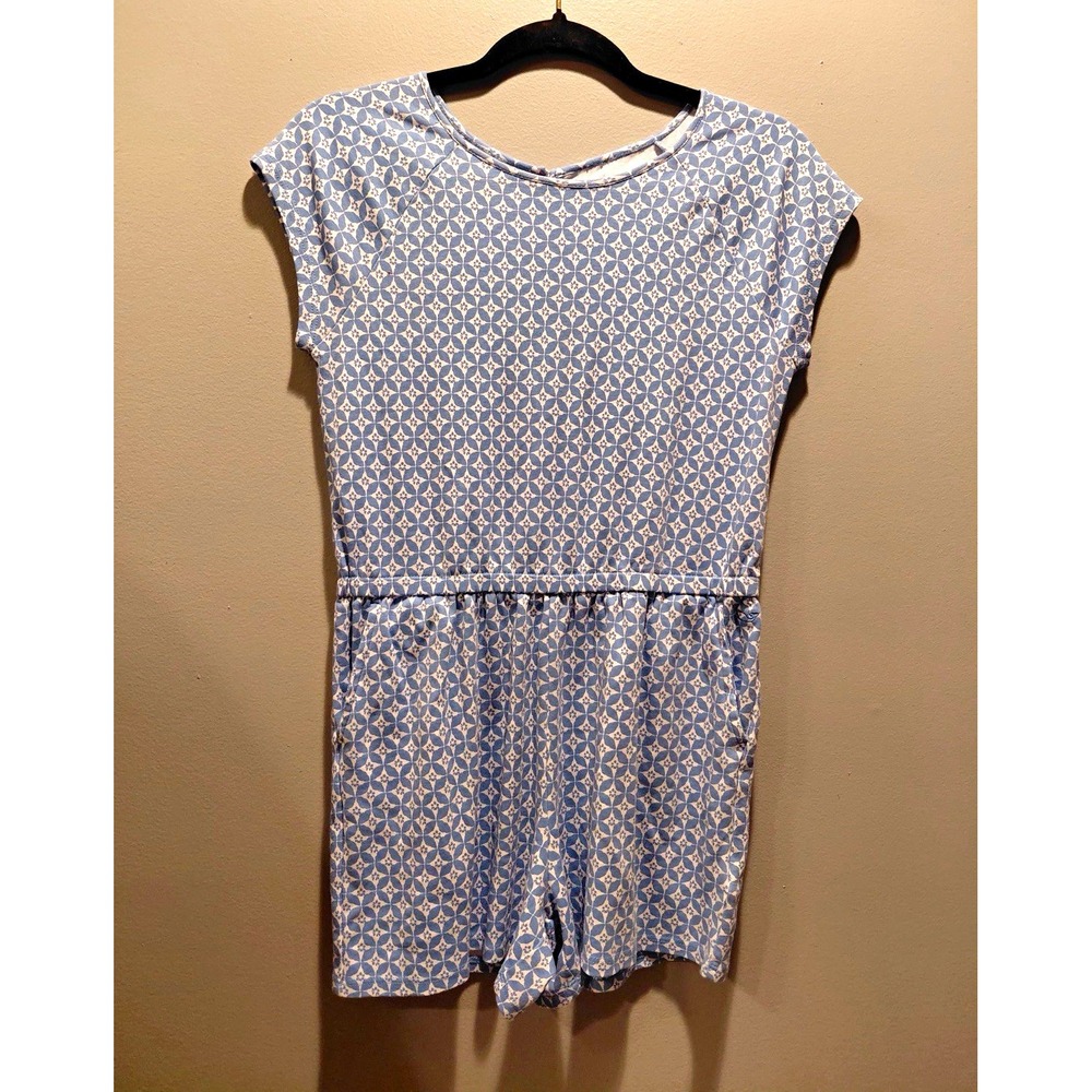 67- Vineyard Vines kids L Blue/White Geometric Cap Sleeve Romper Button